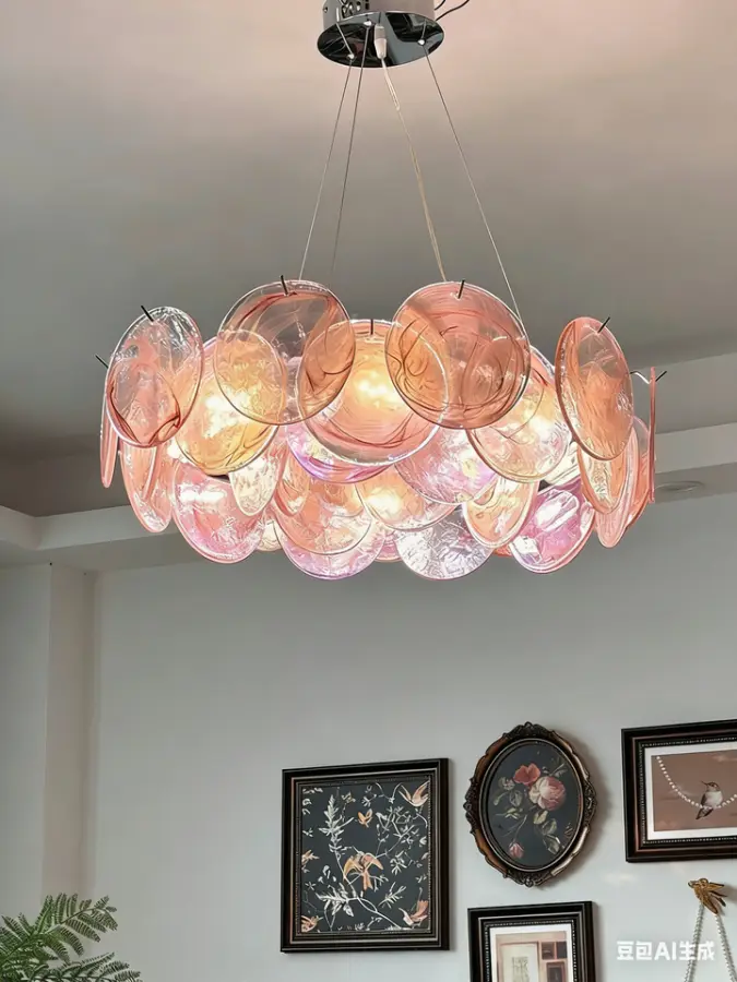 Luxury Modern Adjustable Height Pink Iron Glass LED Chandelier Lamp for Living Room Home Decor Pendant Hanging — view 6