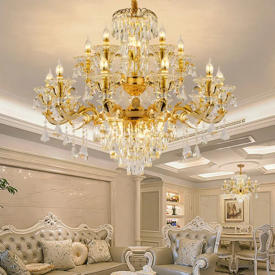 Gold Luxury Villa Lobby Banquet Hall Chandelier Light Crystal LED for Hotel Livingroom Adjustable Height Modern Pendant — view 1