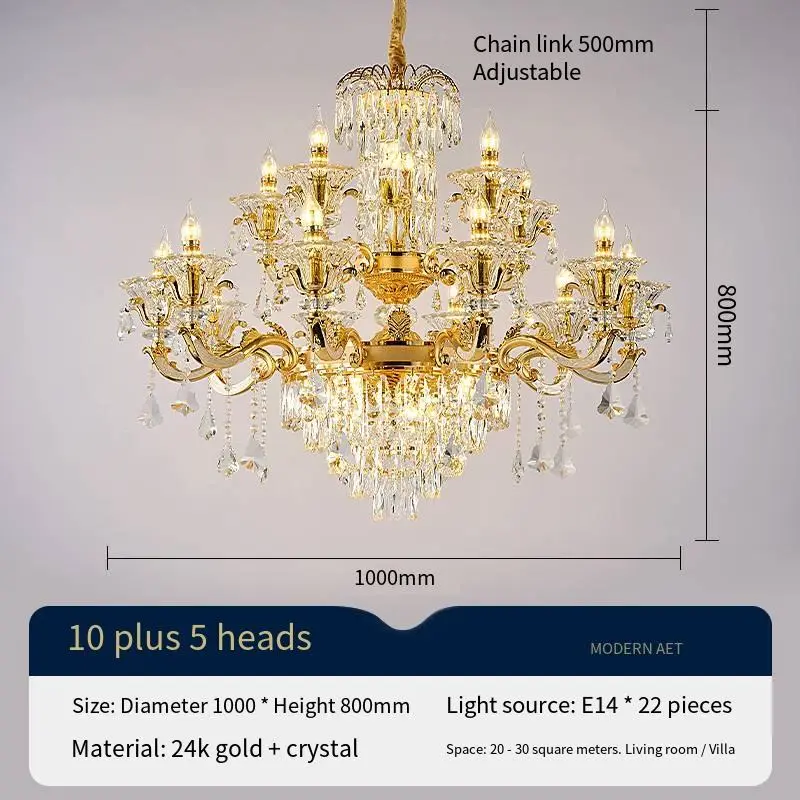 Gold Luxury Villa Lobby Banquet Hall Chandelier Light Crystal LED for Hotel Livingroom Adjustable Height Modern Pendant — view 2