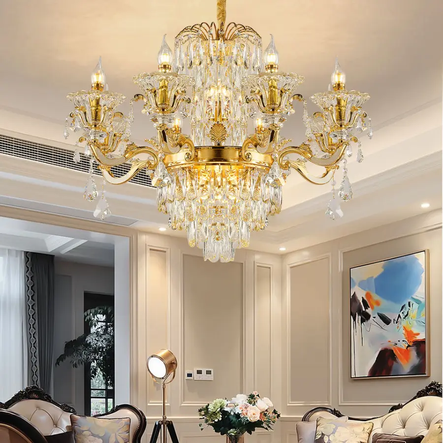 Gold Luxury Villa Lobby Banquet Hall Chandelier Light Crystal LED for Hotel Livingroom Adjustable Height Modern Pendant — view 4