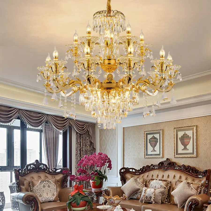 Gold Luxury Villa Lobby Banquet Hall Chandelier Light Crystal LED for Hotel Livingroom Adjustable Height Modern Pendant — view 6