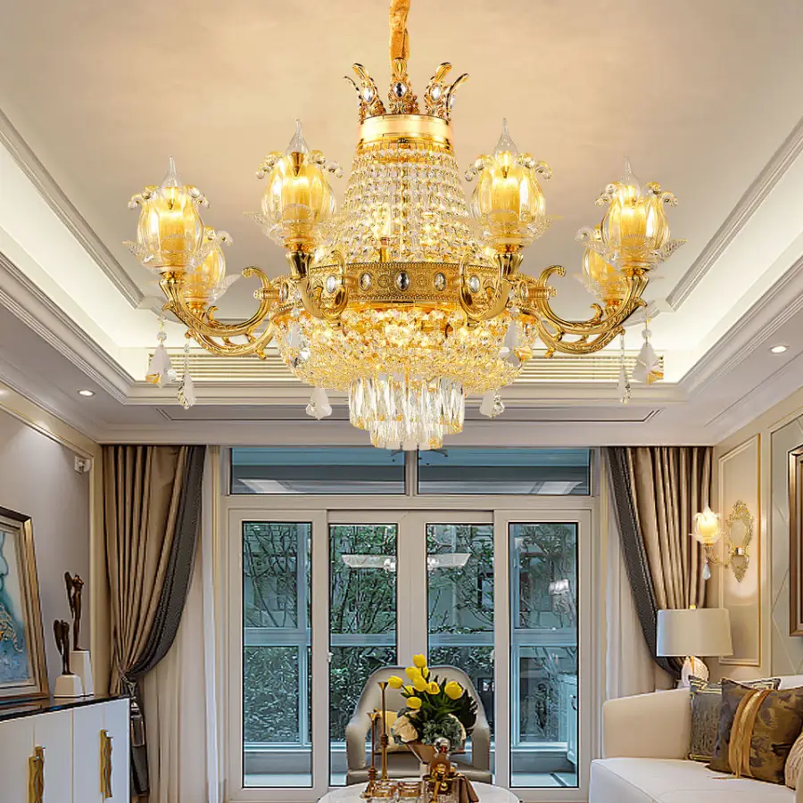 Modern Luxury Contemporary Gold Crystal Chandelier LED Adjustable Height Dimmable 360 Beam Living Room Ceiling Pendant L — view 1