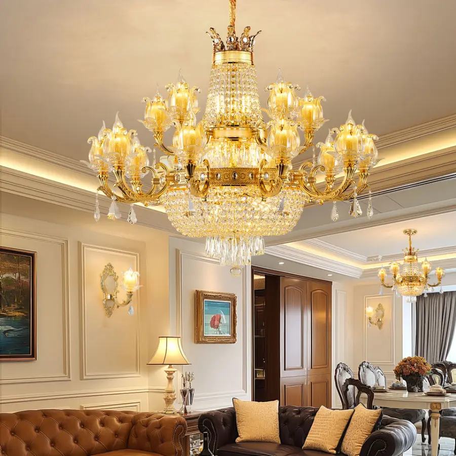 Modern Luxury Contemporary Gold Crystal Chandelier LED Adjustable Height Dimmable 360 Beam Living Room Ceiling Pendant L — view 2