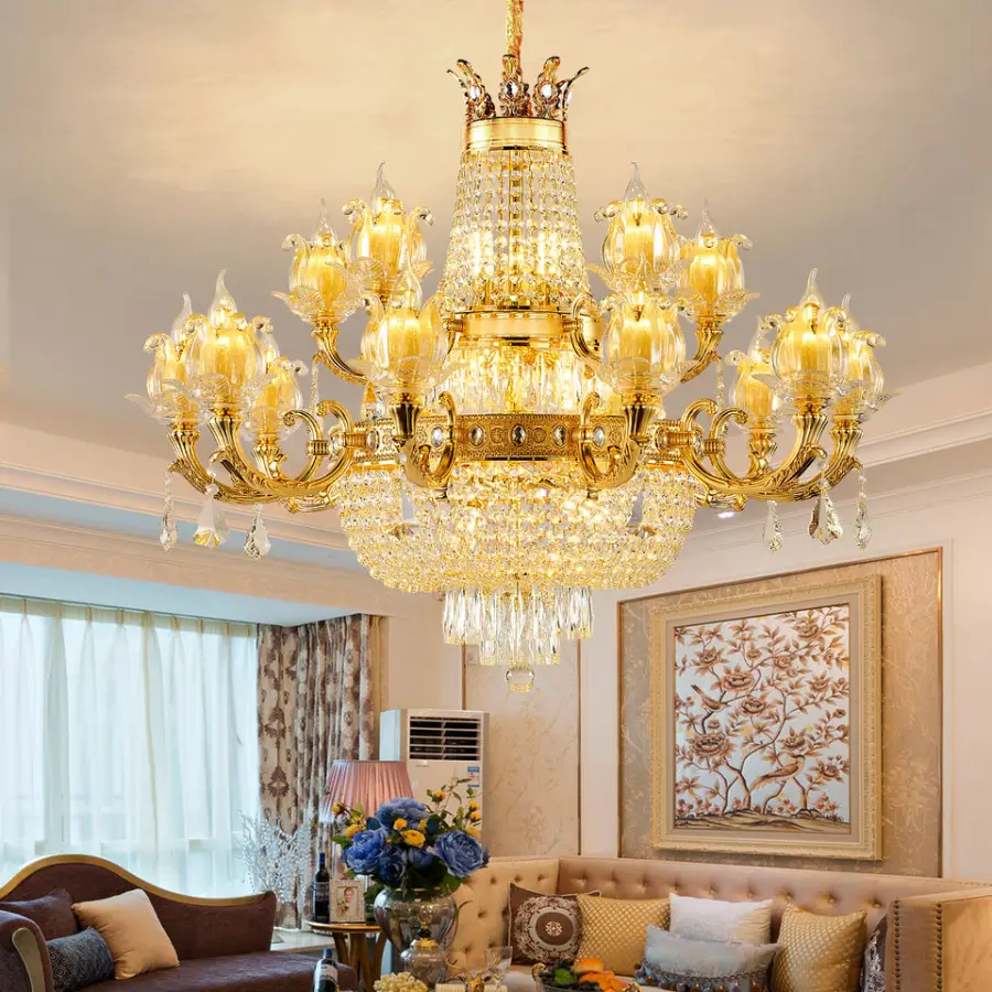 Modern Luxury Contemporary Gold Crystal Chandelier LED Adjustable Height Dimmable 360 Beam Living Room Ceiling Pendant L — view 3