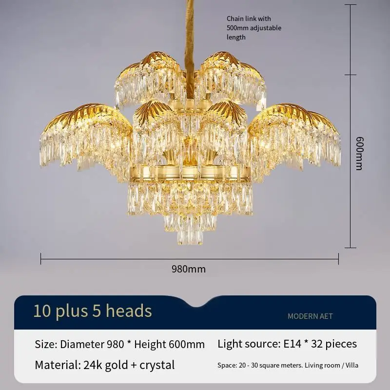 Luxury Villa Home Hotel Branch Gold Crystal Pendant Lamp Banquet Hall Led Chandelier Light for Living Room Lobby Hanging — view 3