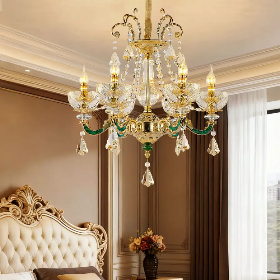 European Antique Luxury Gold Crystal Adjustable Height LED Chandelier Dimmable Feature for Living Room Home Hotel Villa — view 1
