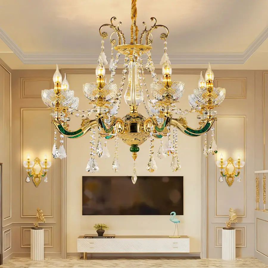 European Antique Luxury Gold Crystal Adjustable Height LED Chandelier Dimmable Feature for Living Room Home Hotel Villa — view 5