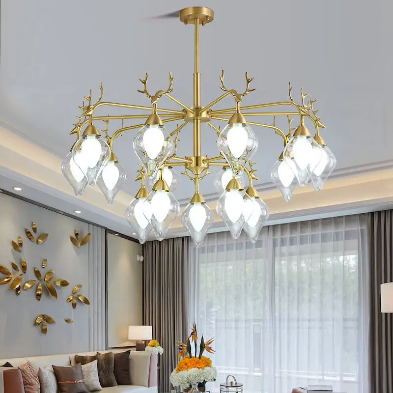 Copper Glass Chandelier Lamp Antler LED Light Luxury LivingRoom Bedroom Dining Hotel Café Decor Ceiling Pendant Light — view 1