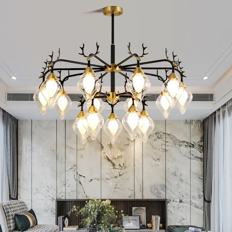 Modern Luxury LivingRoom Dining Hotel Café Decor Ceiling Pendant Light Antler LED Home Fixture Copper Glass Chandelier L — view 1