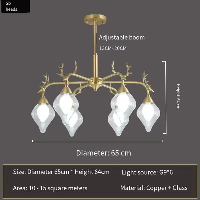 Copper Glass Chandelier Lamp Antler LED Light Luxury LivingRoom Bedroom Dining Hotel Café Decor Ceiling Pendant Light — view 2