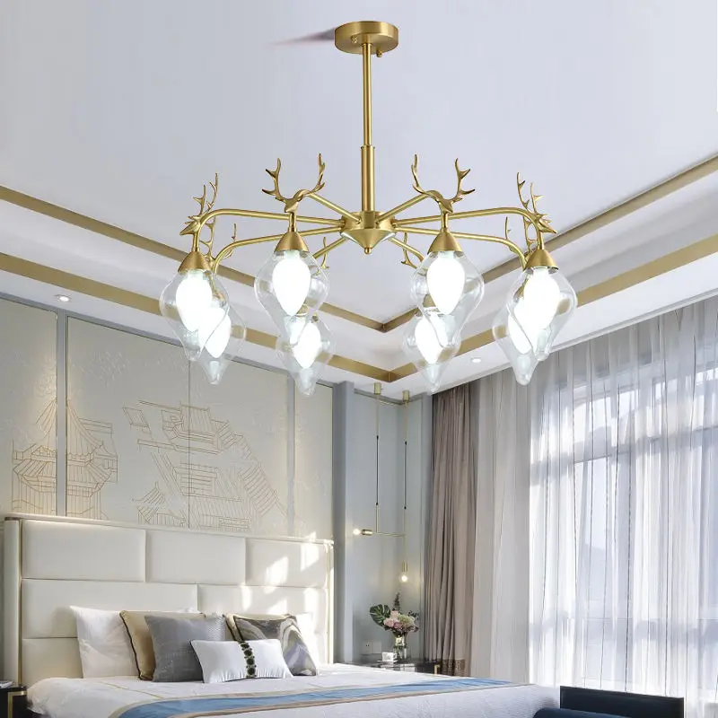 Copper Glass Chandelier Lamp Antler LED Light Luxury LivingRoom Bedroom Dining Hotel Café Decor Ceiling Pendant Light — view 3