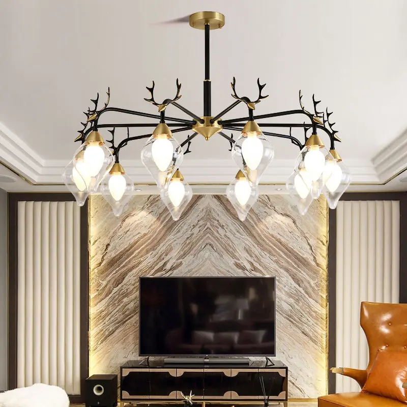 Modern Luxury LivingRoom Dining Hotel Café Decor Ceiling Pendant Light Antler LED Home Fixture Copper Glass Chandelier L — view 2