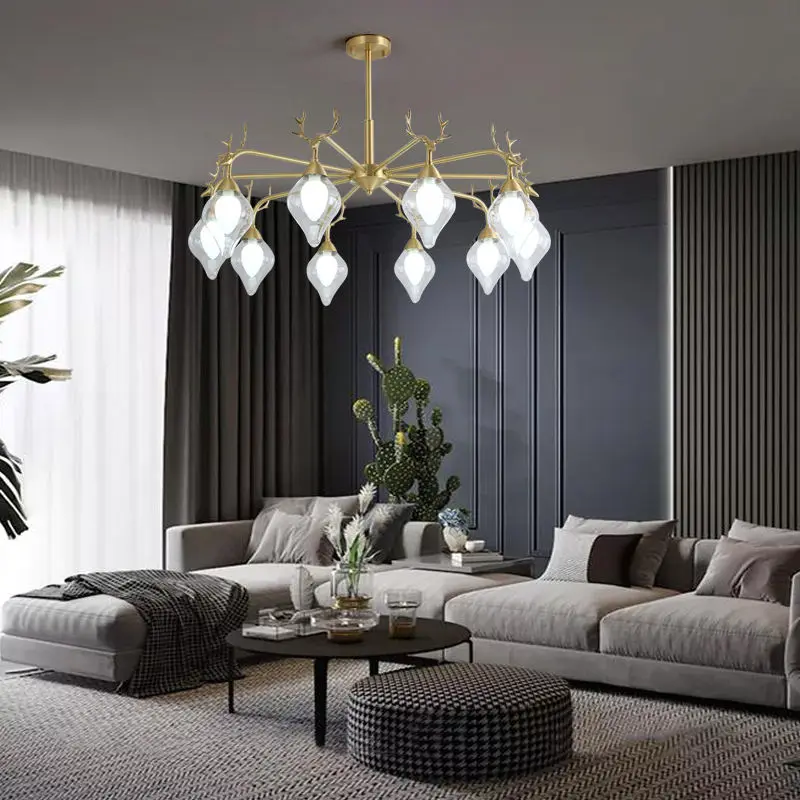 Copper Glass Chandelier Lamp Antler LED Light Luxury LivingRoom Bedroom Dining Hotel Café Decor Ceiling Pendant Light — view 4