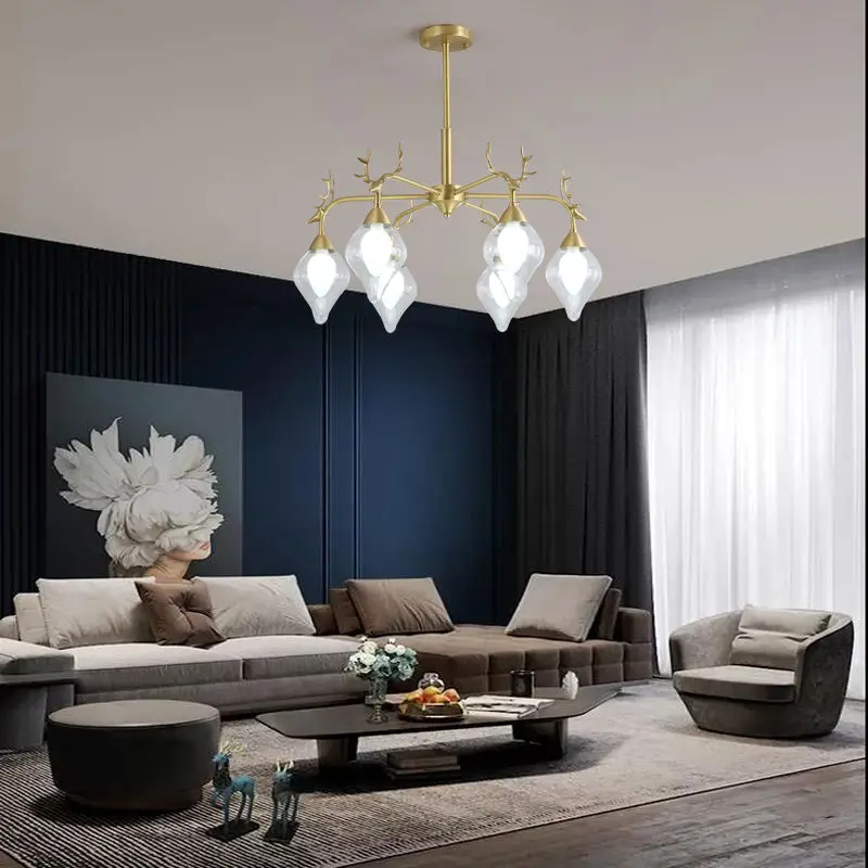 Copper Glass Chandelier Lamp Antler LED Light Luxury LivingRoom Bedroom Dining Hotel Café Decor Ceiling Pendant Light — view 5