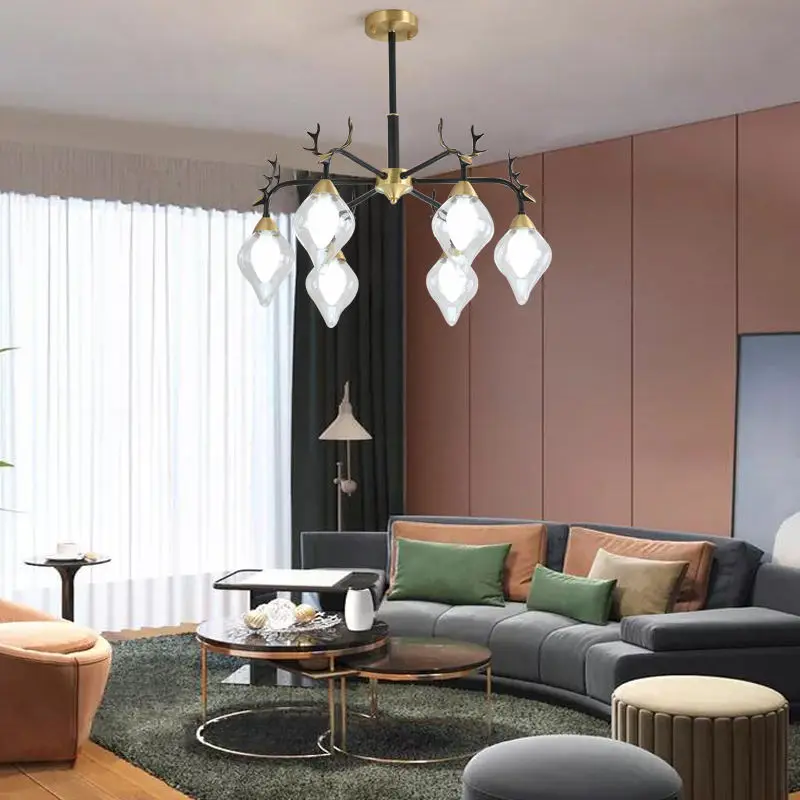 Modern Luxury LivingRoom Dining Hotel Café Decor Ceiling Pendant Light Antler LED Home Fixture Copper Glass Chandelier L — view 5