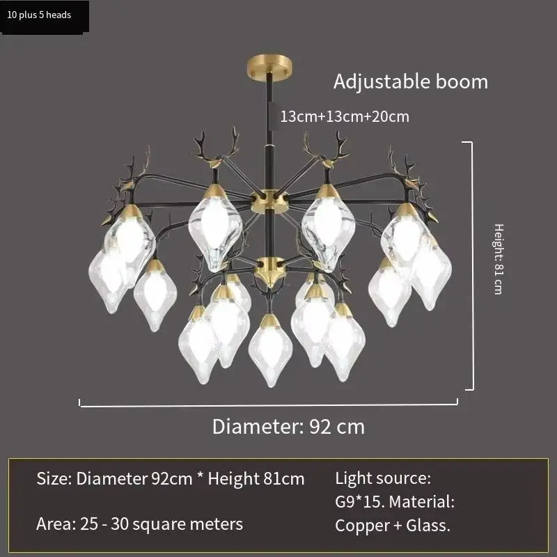 Modern Luxury LivingRoom Dining Hotel Café Decor Ceiling Pendant Light Antler LED Home Fixture Copper Glass Chandelier L — view 6
