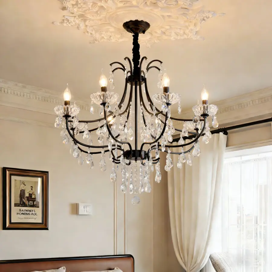French Adjustable Height Ceiling Chandelier Pendant Lamp Iron Crystal LED Dimmable Romantic Home Decor Living Room Bedro — view 1