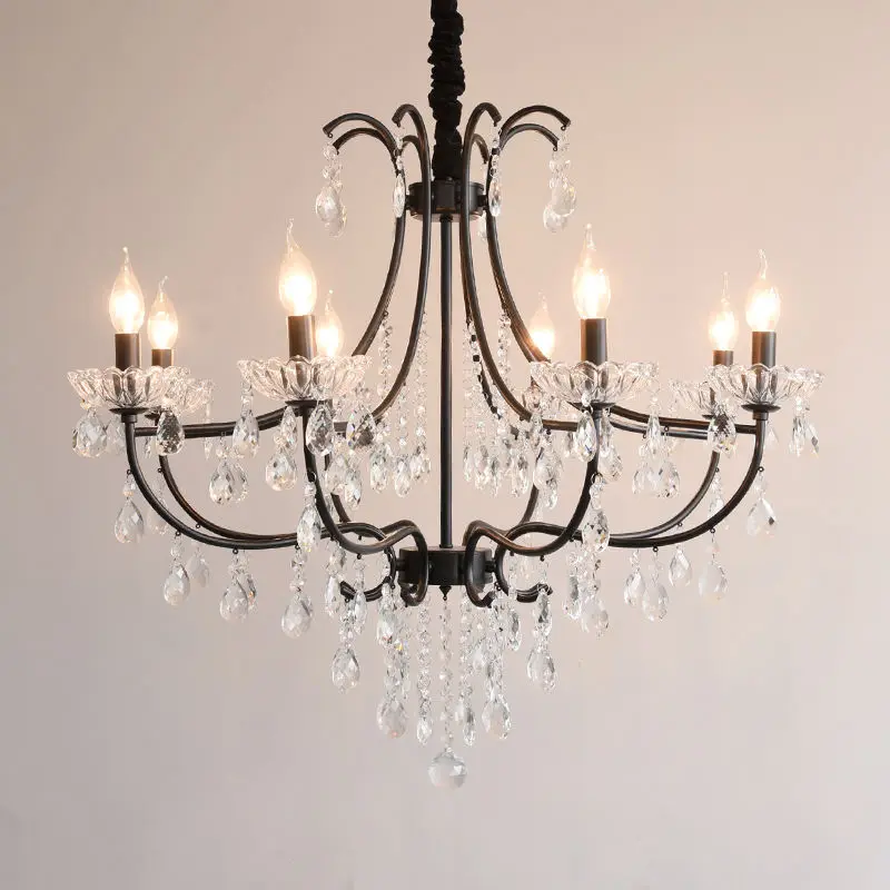 French Adjustable Height Ceiling Chandelier Pendant Lamp Iron Crystal LED Dimmable Romantic Home Decor Living Room Bedro — view 2