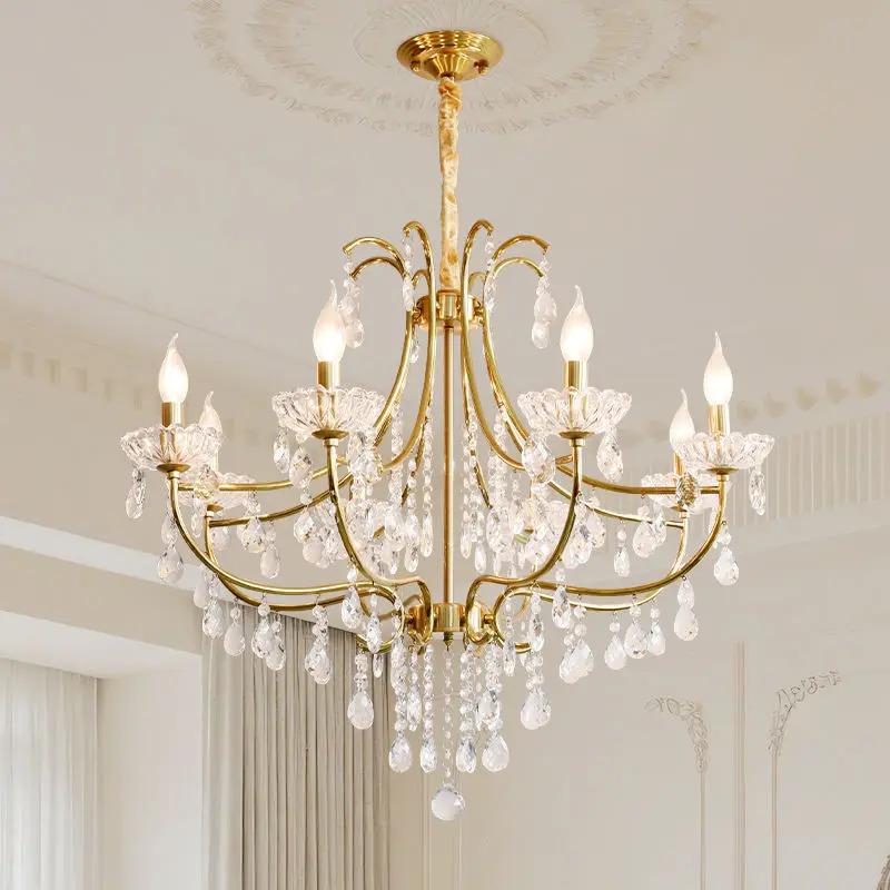 French Iron Crystal Wedding Banquet Adjustable Height Ceiling Chandelier LED Dimmable LivingRoom Bedroom Fixture Pendant — view 1