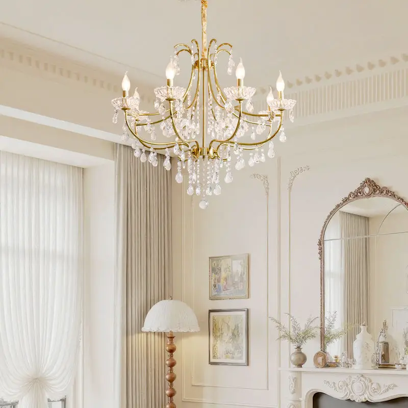 French Iron Crystal Wedding Banquet Adjustable Height Ceiling Chandelier LED Dimmable LivingRoom Bedroom Fixture Pendant — view 2