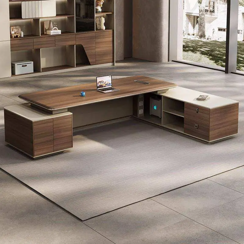 Luxury Modular Office Furniture Eco-friendly Office Boss Desk L-Shaped Walnut Grain Executive Office Desk with Storage Cabinet — image 2