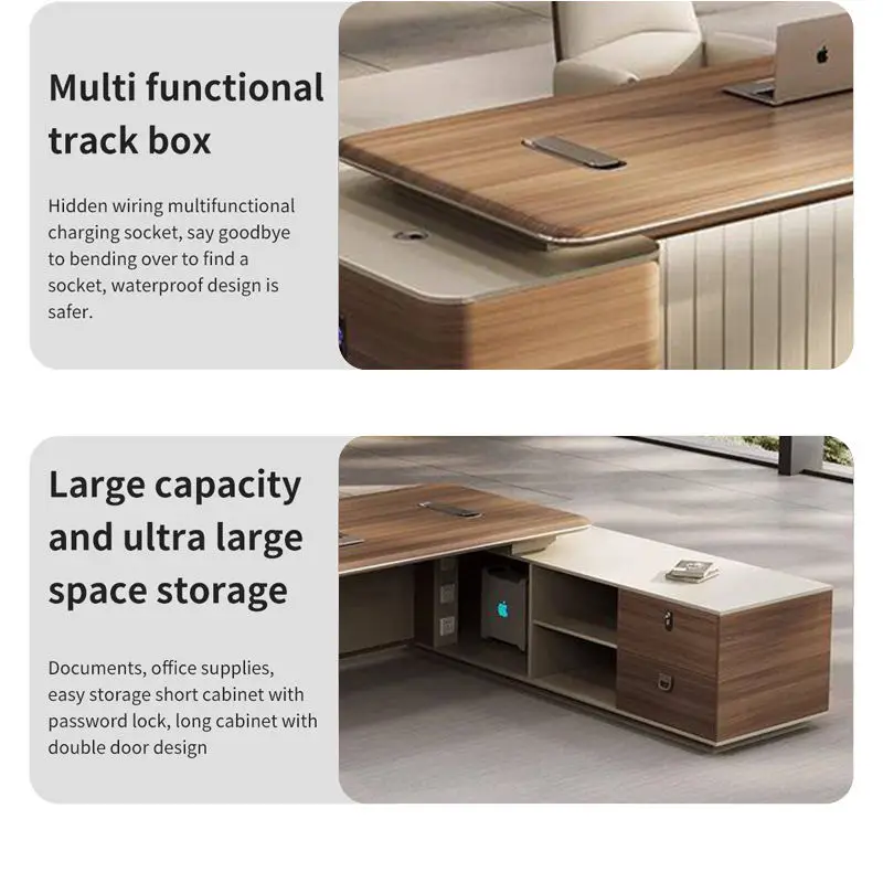 Luxury Modular Office Furniture Eco-friendly Office Boss Desk L-Shaped Walnut Grain Executive Office Desk with Storage Cabinet — image 4