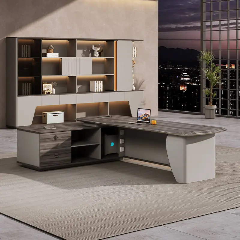 Durable Eco-friendly Wood Grain Modern L Shape Executive Desk Luxury Ceo Office Desk with Storage Side Cabinet — image 3