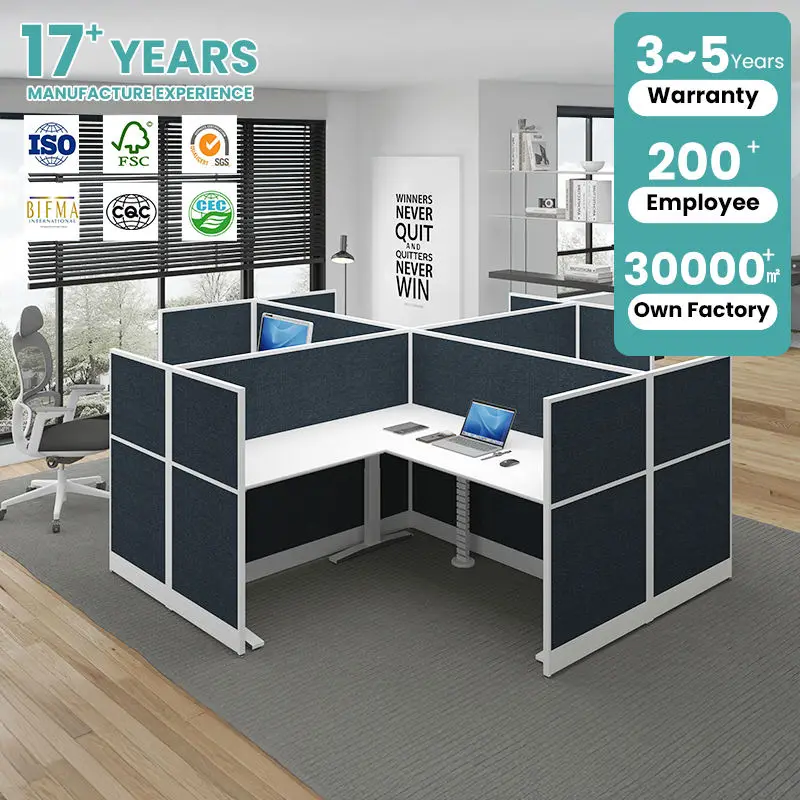Adjustable L-Shape Office Workstation with Wood and Glass Cubicle Divider Partition and Standing Desks for Staff Compute — view 1