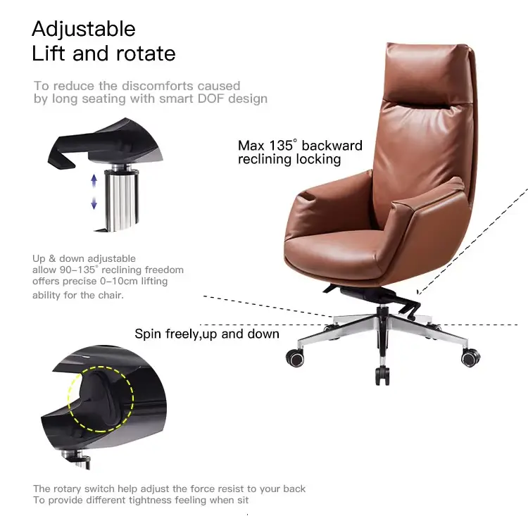 Wholesale Luxury Brown Pu Leather Executive Recliner Boss Chair Soft Ergonomic Office Furniture Silla Escritorio Office Chairs — image 3