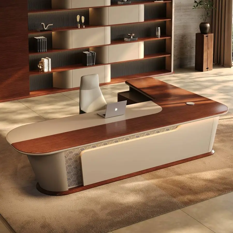 L-Shaped Wood Grain Executive Office Desk-Modern Minimalist Design High-End Luxury Commercial Furniture for Hospital Use — view 1