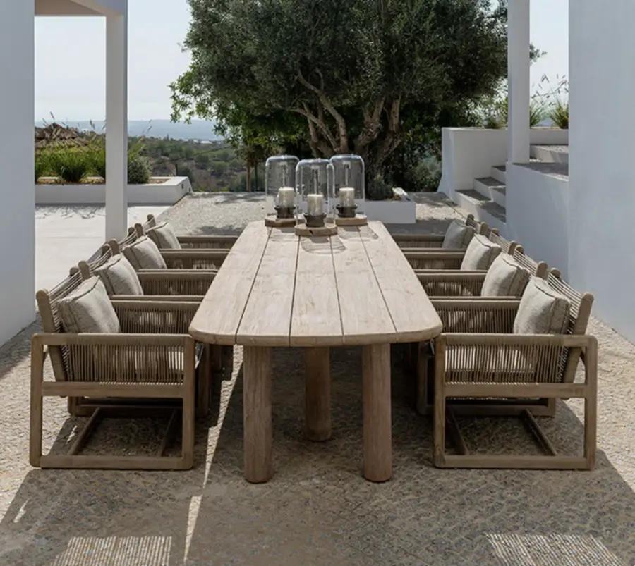 Modern Outdoor Furniture PE Rattan Solid Teak Wood Frame Garden Dining Table Chairs Set with Cushion — view 1