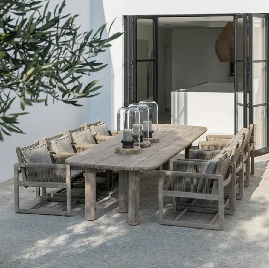 Modern Outdoor Furniture PE Rattan Solid Teak Wood Frame Garden Dining Table Chairs Set with Cushion — image 2