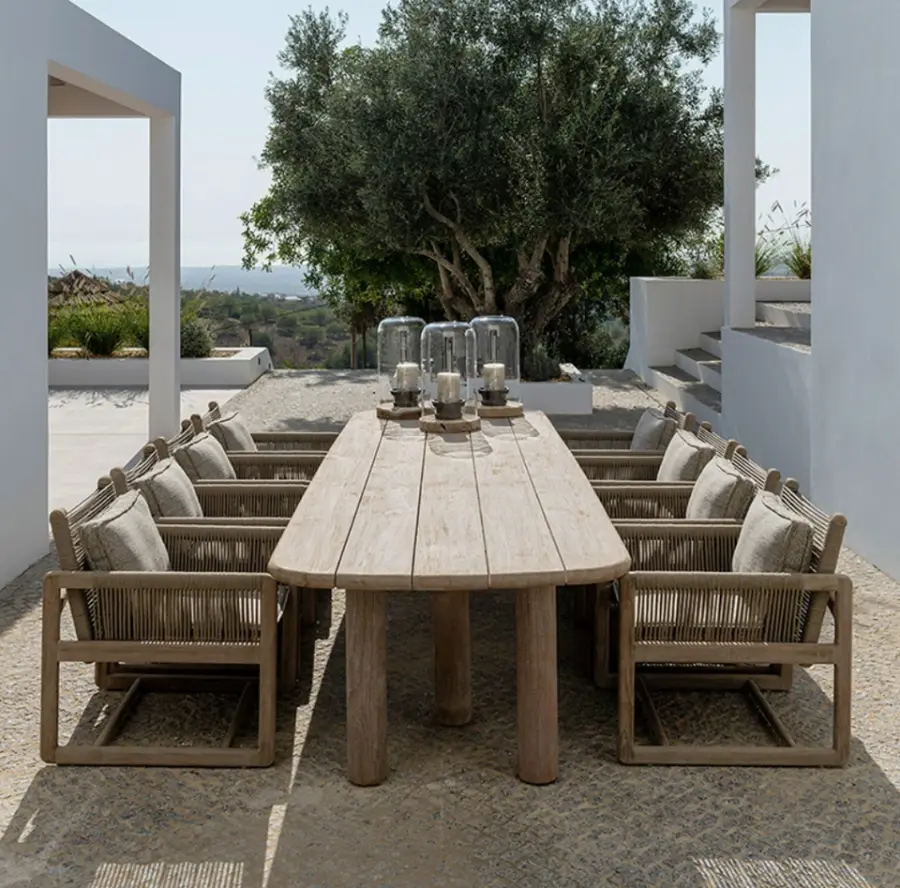 Modern Outdoor Furniture PE Rattan Solid Teak Wood Frame Garden Dining Table Chairs Set with Cushion — image 5