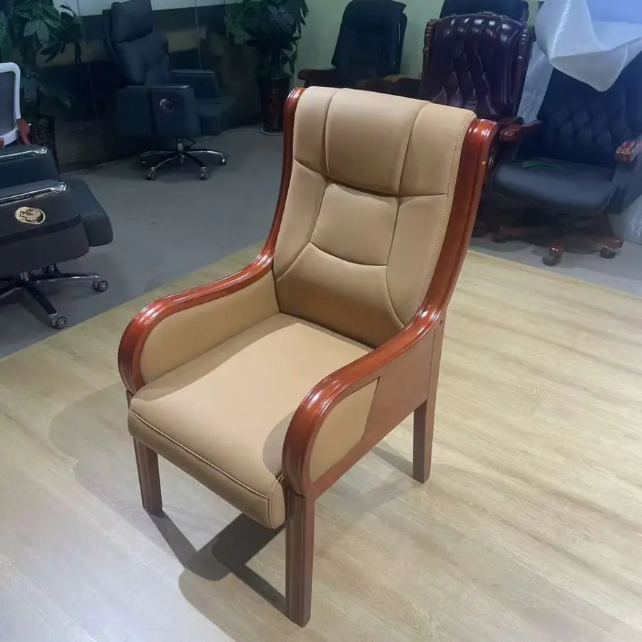GuangDong Modern Wood High Back Dining Chair with Top Leather Comfortable Four Legs for Villa Meetings — view 1