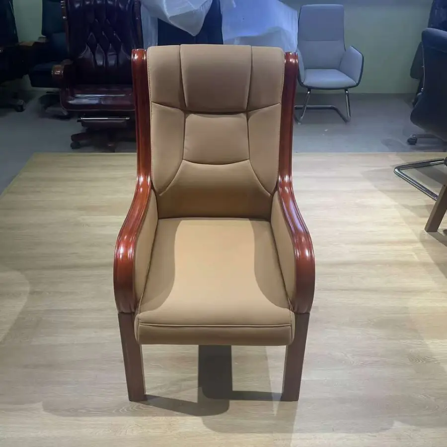 GuangDong Modern Wood High Back Dining Chair with Top Leather Comfortable Four Legs for Villa Meetings — image 4