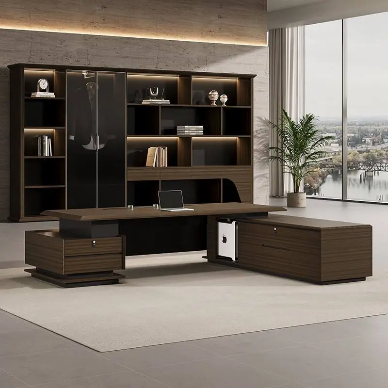 Modern Italian Business Wooden Panel Modular Luxury High-End Boss/CEO Desk LED Lights Functional Lightweight Office Furniture — image 3