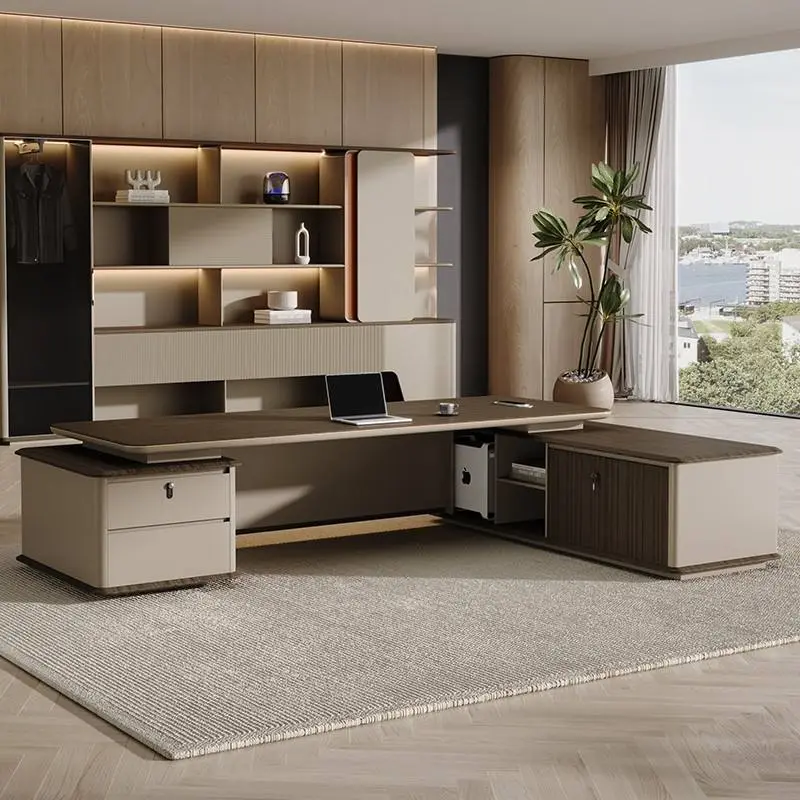Modern Italian Business Wooden Panel Modular Office Furniture LED Lights Functional High End Luxury Boss CEO Desk Lightweight — image 4