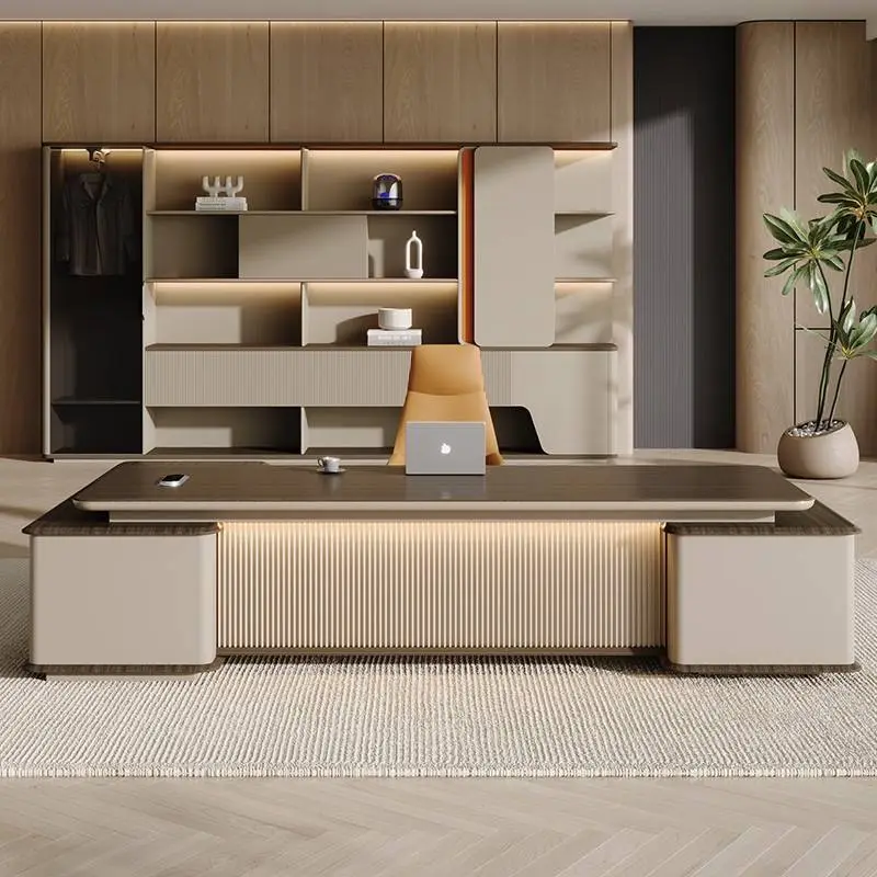Modern Italian Business Wooden Panel Modular Office Furniture LED Lights Functional High End Luxury Boss CEO Desk Lightweight — image 6