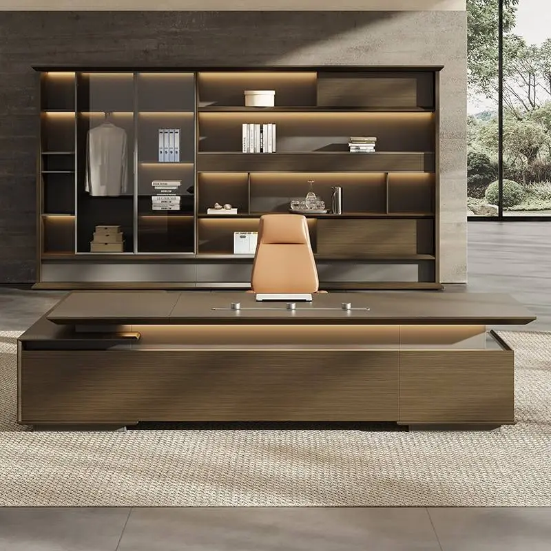 Modern Italian Business Wooden Panel Modular Office Furniture LED Lights Functional High End Luxury Boss CEO Desk Lightweight — image 4
