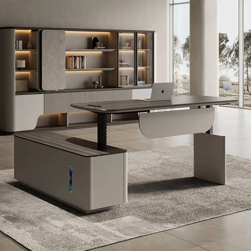 Modern Standing Lift Desk Modular Wooden Panel Creative Office Furniture Powerful High-end Boss Desk with Sideboard Ligh — view 1