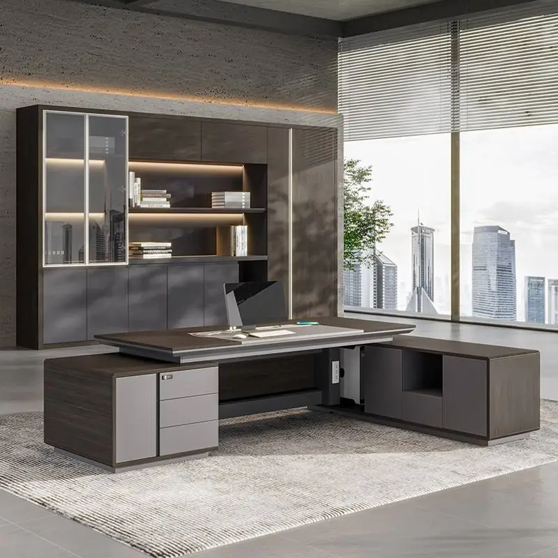 Modern Italian Business Wooden Panel Modular LED Lights Functional High End Luxury Boss/CEO Desk Lightweight Office Furniture — image 4