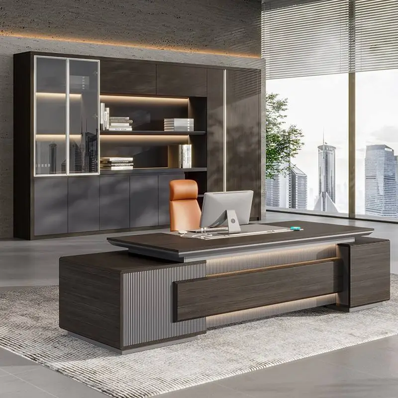 Modern Italian Business Wooden Panel Modular LED Lights Functional High End Luxury Boss/CEO Desk Lightweight Office Furniture — image 5