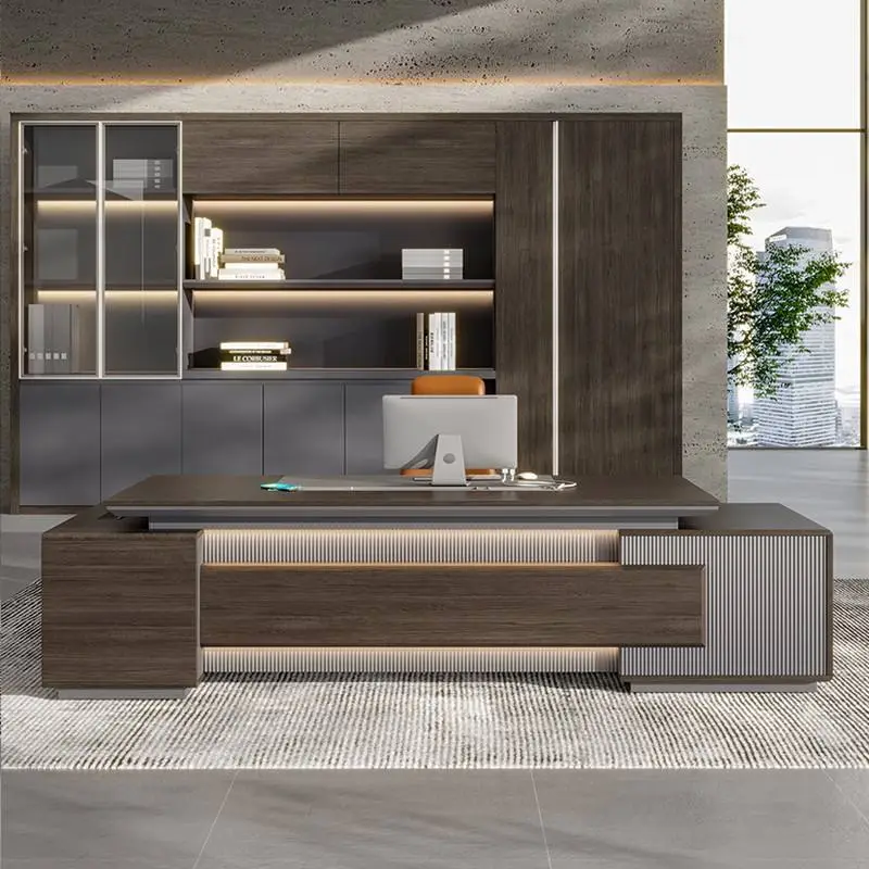 Modern Italian Business Wooden Panel Modular LED Lights Functional High End Luxury Boss/CEO Desk Lightweight Office Furniture — image 6