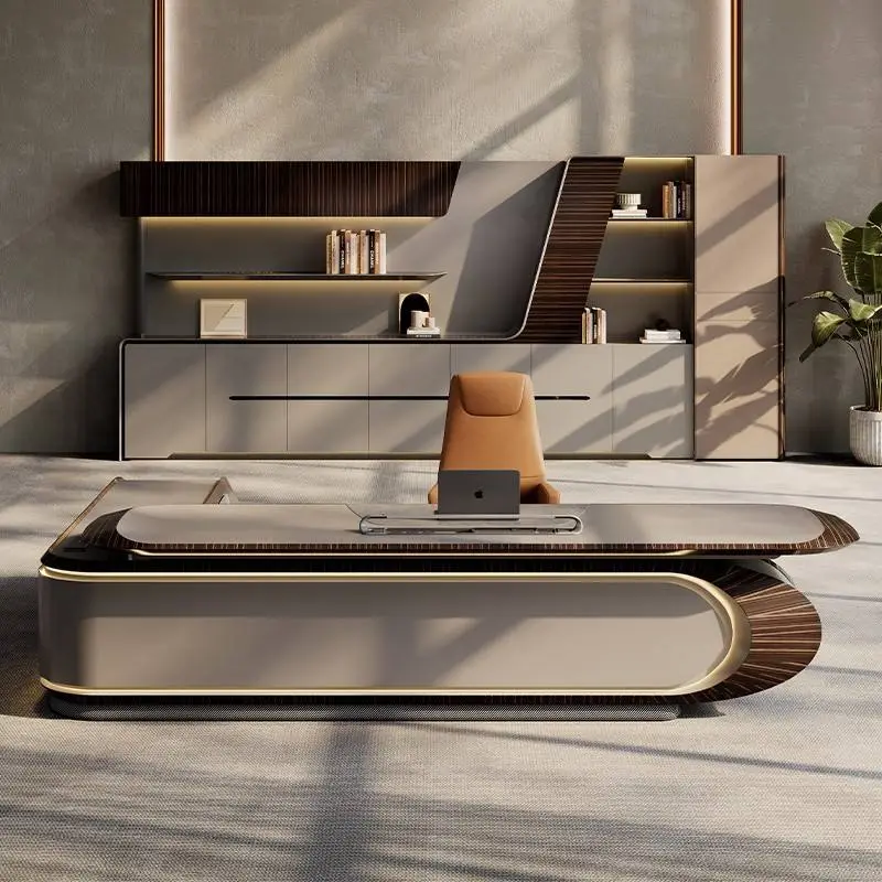 Modern Italian Business Style Wooden Panel LED Lights Functional High End Luxury CEO Desk Lightweight Office Furniture — image 6