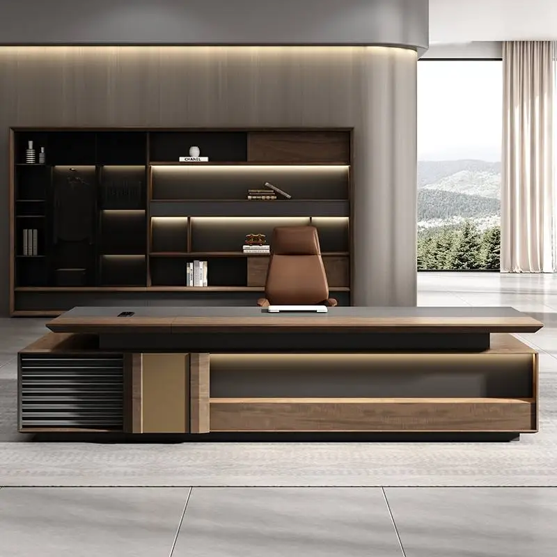 Modern Italian Business Style Wooden Panel Modular Office Furniture LED Lights Functional High End Luxury CEO Desk Lightweight — image 6
