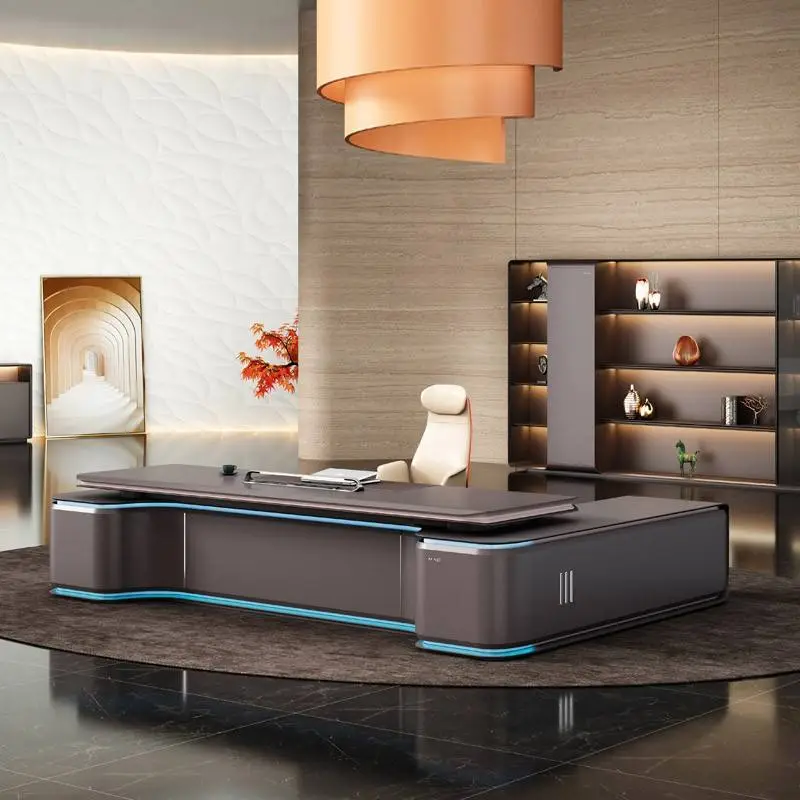High-Tech Luxury MFC Board Executive Office Desk Big Size L-Shaped Manager Oak MDF Modern Industrial Style for Schools H — view 1