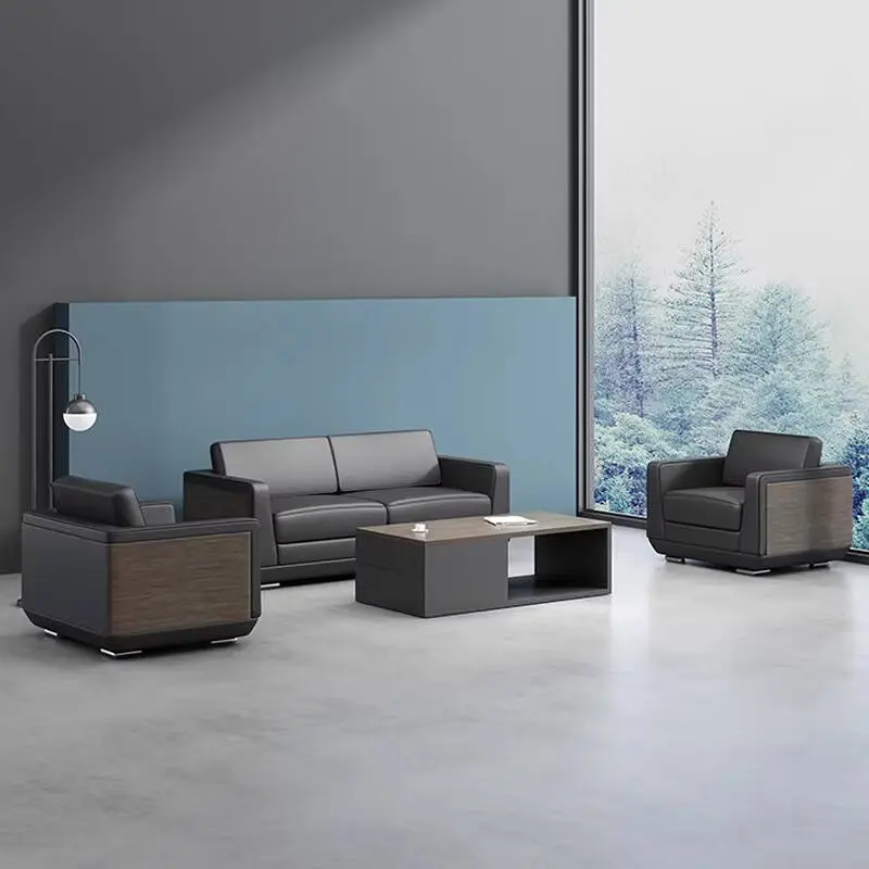 Modern Microfiber Leather Office Sofa with Solid Wood Coffee Table Single or Triple for Business Reception — view 1