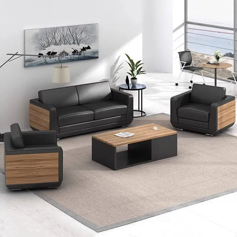 Modern Microfiber Leather Office Sofa with Solid Wood Coffee Table Single or Triple for Business Reception — image 3