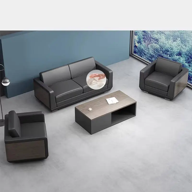 Modern Microfiber Leather Office Sofa with Solid Wood Coffee Table Single or Triple for Business Reception — image 4
