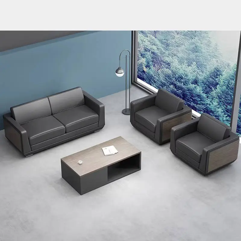 Modern Microfiber Leather Office Sofa with Solid Wood Coffee Table Single or Triple for Business Reception — image 5